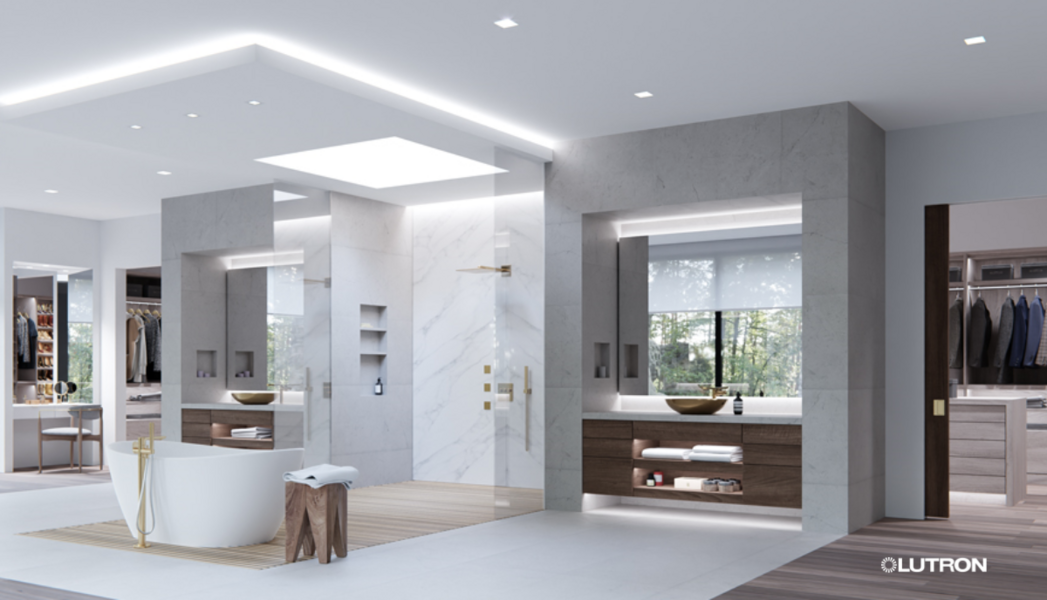 Modern luxury bathroom with a freestanding tub, double vanity, glass shower, and Lutron motorized window shades.