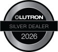 Silver Lutron dealer badge featuring the Lutron logo and “Silver Dealer” text in a sleek metallic design.
